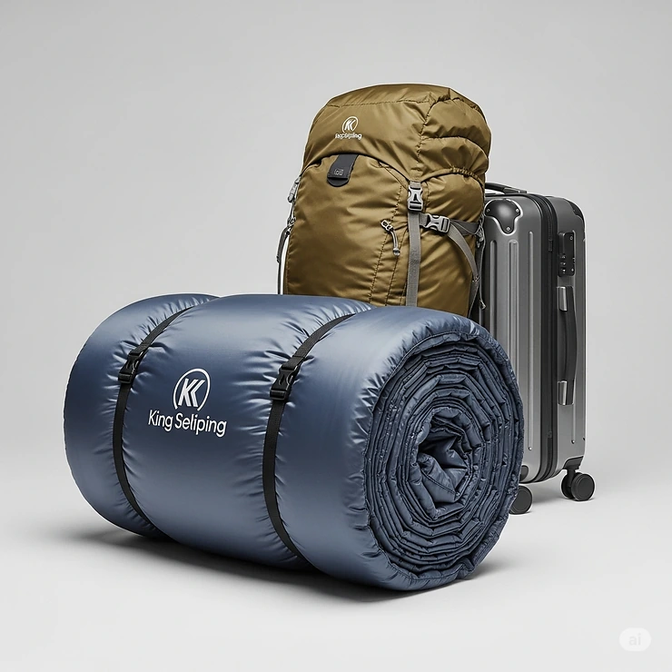 Compactly rolled king size sleeping bag, demonstrating its portability and ease of packing for travel and camping.