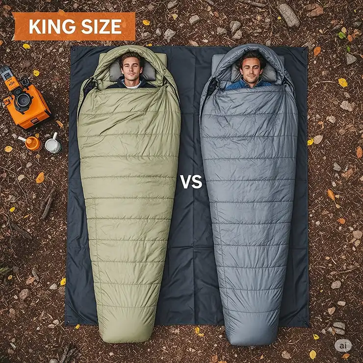 Visual comparison illustrating the generous dimensions of a king size sleeping bag next to a standard sleeping bag, emphasizing the extra space.