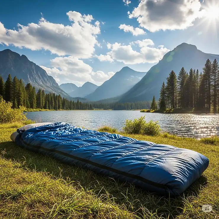 An individual comfortably stretched out inside a king size sleeping bag, demonstrating the ample leg and body room.