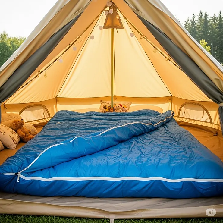 King size sleeping bag comfortably fitting inside a large tent, showcasing its ideal use for family or couple camping.
