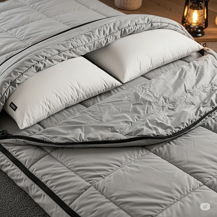 Interior view of a king size sleeping bag with two pillows, highlighting the comfortable sleeping arrangements for two people.