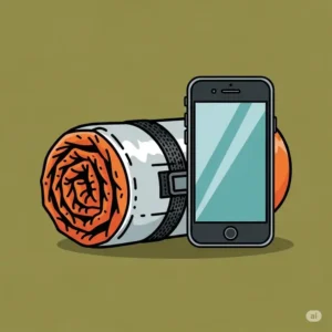An illustration showcasing a rolled-up, lightweight emergency sleeping bag next to a smartphone for scale, highlighting its compact size for easy portability in a bug-out bag.