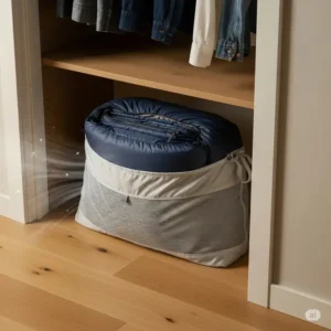  A sleeping bag properly stored in a breathable sleeping bag storage sack in a closet, emphasizing proper long-term care.