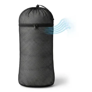 A breathable mesh sleeping bag storage sack, ideal for long-term storage to prevent mildew and maintain loft.