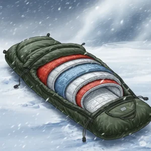 Illustration depicting an extreme cold weather military sleeping bag designed for arctic conditions, showing its insulation layers.