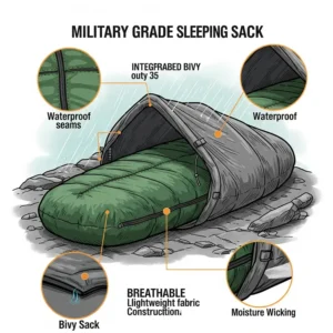 Illustration of a military sleeping bag integrated with a bivy sack, highlighting its waterproof and breathable features for outdoor survival.