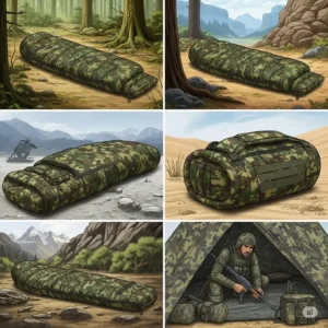 Detailed illustration of a military sleeping bag with a camouflage pattern, blending seamlessly into various natural environments.