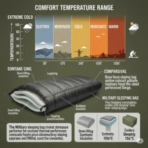  Infographic illustrating the comfort temperature range of a military sleeping bag, indicating its suitability for different climates.