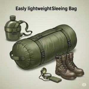 An illustration showcasing a compact and lightweight military sleeping bag, ideal for easy transport and deployment by soldiers.