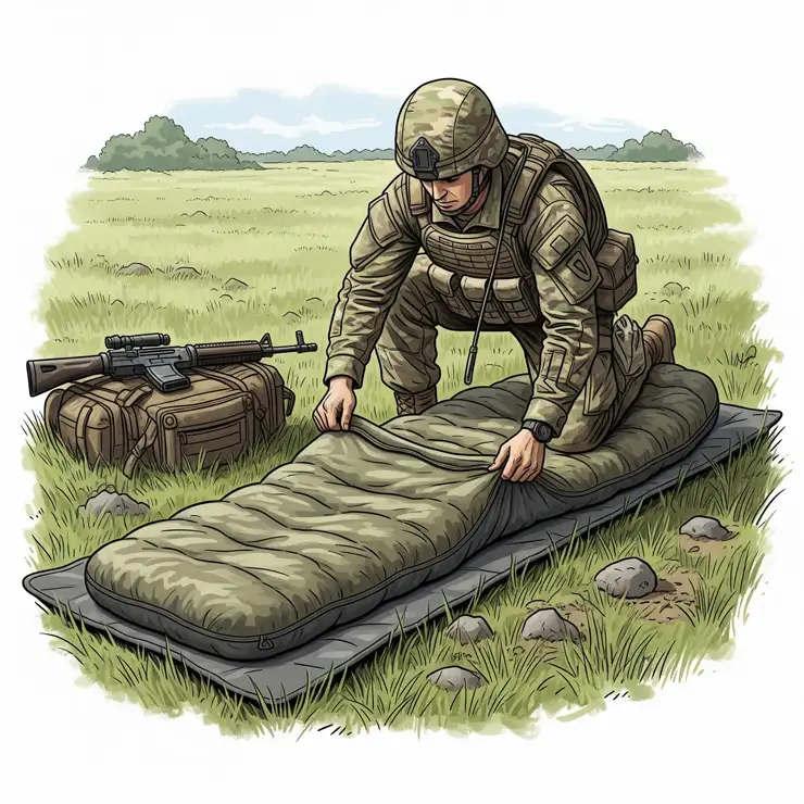 Cross-section illustration revealing the multi-layered construction of a military sleeping bag, emphasizing its advanced insulating materials.