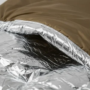  Close-up illustration of the interior of a sleeping bag emergency blanket, emphasizing its reflective Mylar material designed to retain body heat in cold weather.