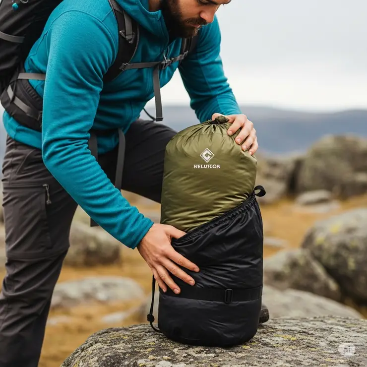 A person efficiently packing a sleeping bag into a durable sleeping bag storage sack, demonstrating ease of use.
