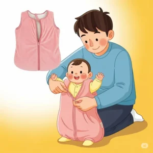 An illustration of a parent gently zipping up a child into a soft, pink sleep bag walker, demonstrating the ease of putting on and taking off this wearable blanket.