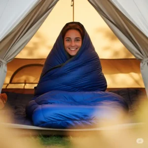 A camper snuggled inside a sleeping bag within a tent, demonstrating the cocoon-like warmth of a traditional sleeping bag.