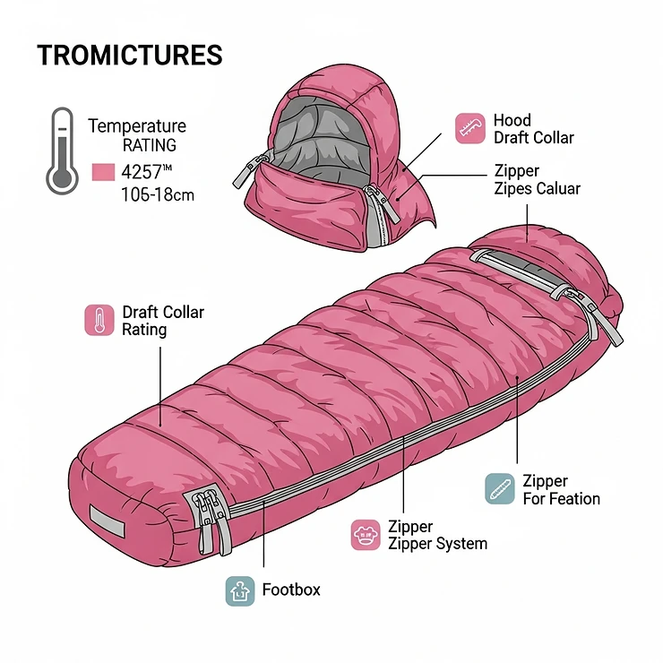 Diagram illustrating key features of a pink sleeping bag, including temperature ratings and zippers, emphasizing its technical specifications.