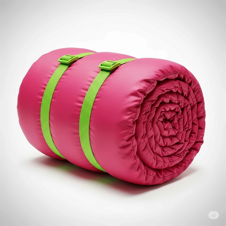 A compact pink sleeping bag, neatly rolled up and secured, showcasing its portability and ease of packing for travel.