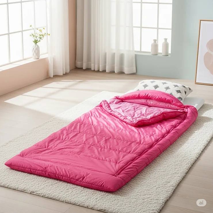 An inviting pink sleeping bag set up indoors, ideal for a cozy sleepover or guest accommodation.