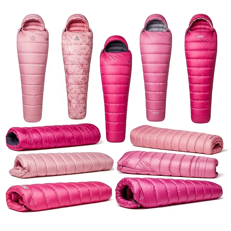 A visual array of various shades and styles of pink sleeping bags, offering options for different preferences and uses.
