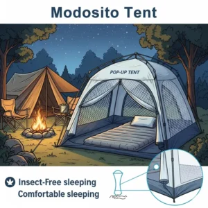 Illustration of a pop up mosquito tent set up at a campsite for comfortable and insect-free sleeping