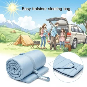 Illustration depicting a rolled-up, portable infant sleeping bag, emphasizing its ease of transport for family camping adventures.