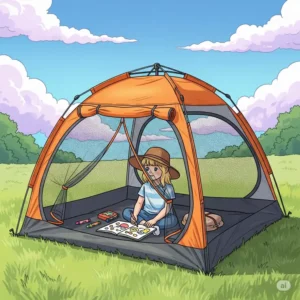 Drawing of a lightweight and portable pop up mosquito tent being used in an outdoor setting