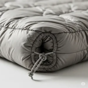 A detailed view of a quilt's sewn or drawcord footbox, highlighting a key design feature that distinguishes quilts from sleeping bags.