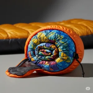 A compressed quilt packed into a small stuff sack, showcasing the superior packability of a quilt over a sleeping bag.