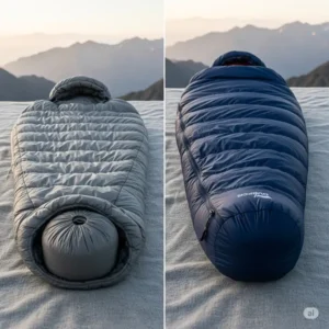 A side-by-side comparison of a lightweight backpacking quilt and a mummy-style sleeping bag, showcasing their differences in warmth and packability for outdoor adventures.