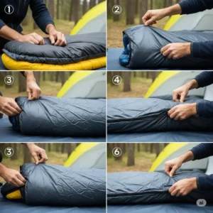 Hands demonstrating how to easily set up a waterproof sleeping bag cover over a regular sleeping bag for added protection.
