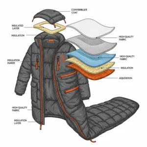 Technical illustration showcasing the innovative design and construction of a convertible sleeping bag coat, highlighting insulation layers.