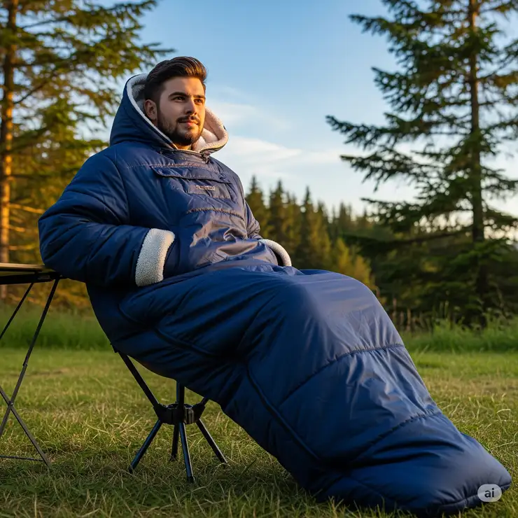 Person comfortably wearing a large, insulated sleeping bag coat while camping outdoors, perfect for cold weather warmth and portability.