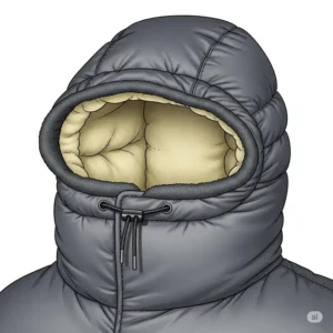 Close-up illustration of the insulated hood and collar of a sleeping bag coat, showing details designed for maximum heat retention.