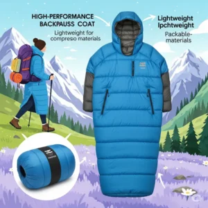 Illustration emphasizing the lightweight and compressible materials used in a high-performance sleeping bag coat, ideal for backpacking.