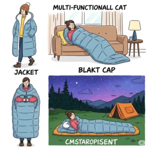 Illustration showing various applications of a sleeping bag coat, such as a cozy blanket, a warm jacket, and a full sleeping bag.