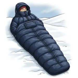 Illustration depicting a sleeping bag coat in its fully enclosed, mummy-style sleeping bag configuration for ultimate warmth.