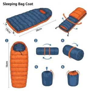 Illustration demonstrating how a sleeping bag coat can be efficiently packed into a small stuff sack for travel and easy carrying.