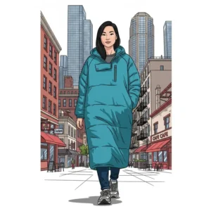 Stylish illustration of a person wearing a modern sleeping bag coat in an urban setting, demonstrating its versatility beyond the outdoors.