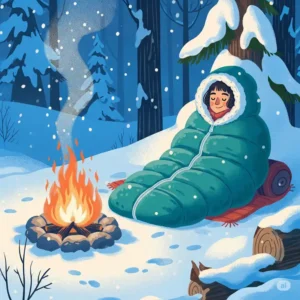 Illustration of a figure bundled up in a sleeping bag coat next to a campfire in a snowy winter camping scene, emphasizing warmth.