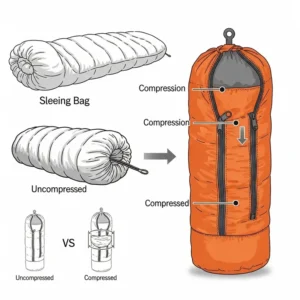 An illustration showing how a sleeping bag compression sack reduces the volume of a sleeping bag for easier packing.