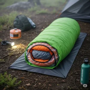 Sleeping bag inside a waterproof cover, protected from morning dew and light rain during an outdoor camp.