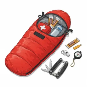 An illustration showing an open emergency sleeping bag with a small first aid kit and other essential survival items placed inside or next to it, emphasizing its role in a complete survival setup.