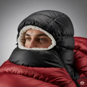 A close-up of a sleeping bag's insulated hood and draft collar, showing how it provides warmth around the head, unlike most quilts.