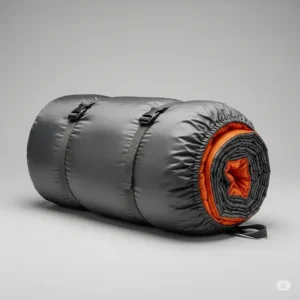 A durable, lightweight sleeping bag storage sack compactly holding a rolled-up sleeping bag, ready for camping or backpacking adventures.