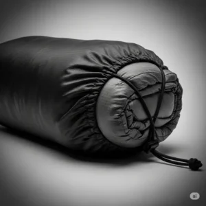 A durable, black compression sleeping bag stuff sack cinched tightly, illustrating its ability to pack a sleeping bag compactly for backpacking.