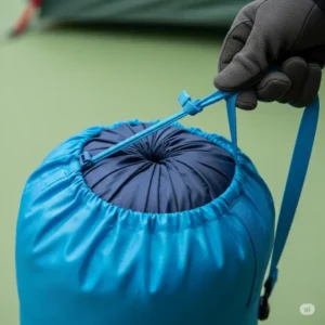 Close-up of a sleeping bag stuff sack with its compression straps being pulled tight, visibly reducing the volume of the packed sleeping bag.