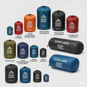 An array of sleeping bag stuff sacks in various sizes, from small to large, demonstrating options for different sleeping bag volumes.