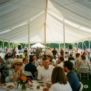 People enjoying an event under a spacious tent pavilion.