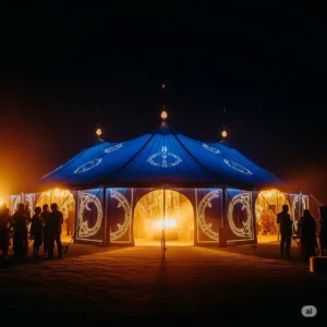 Illuminated tent pavilion creating a festive atmosphere at night.