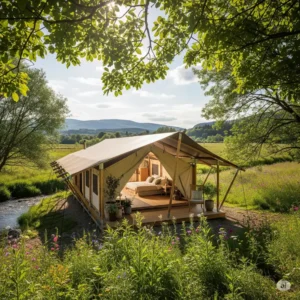 Tent pavilion seamlessly integrated into a scenic outdoor landscape.