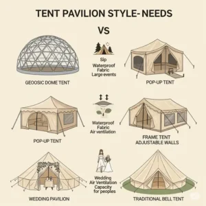 Illustration comparing various tent pavilion styles for different needs.